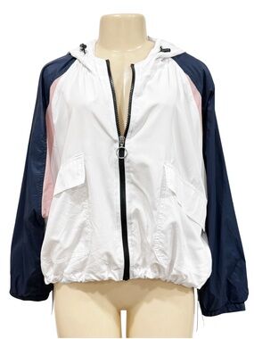 Ci Sono Outerwear Tri-Color Windbreaker White, Navy & Pink Hooded Bomber Jacket